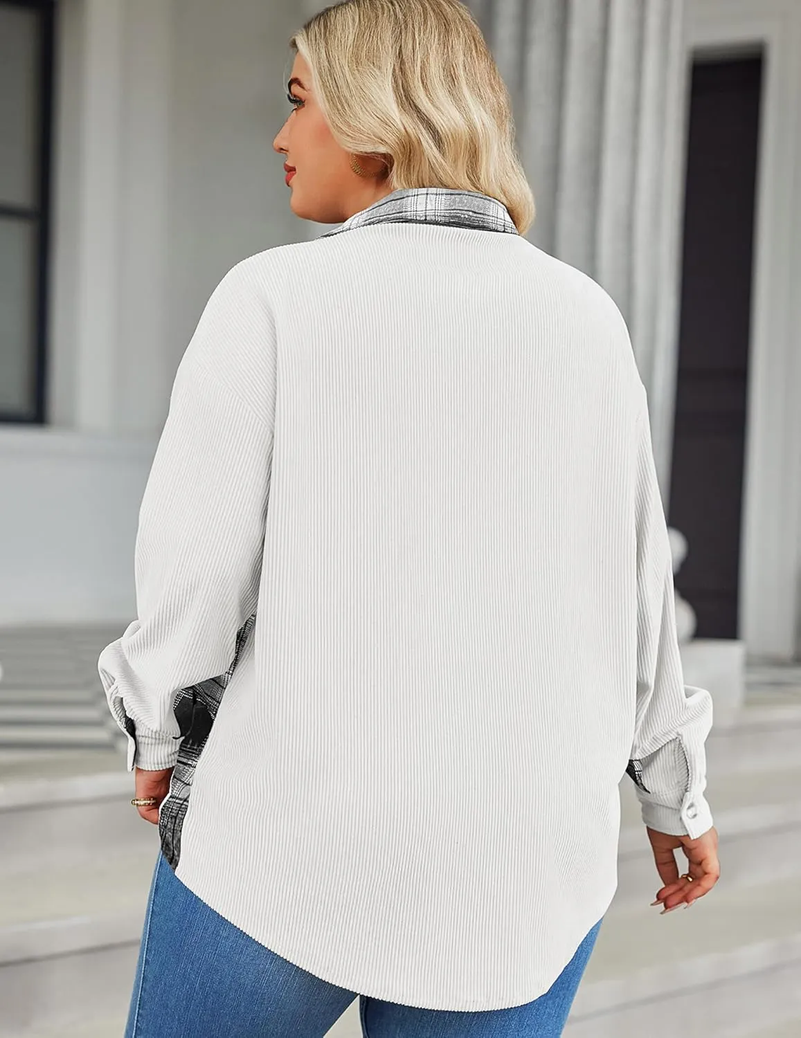 IN'VOLAND Womens Plus Size Corduroy Shacket Jacket Plaid Button Down Shirts Boyfriend Casual Long Sleeves Blouses Tops