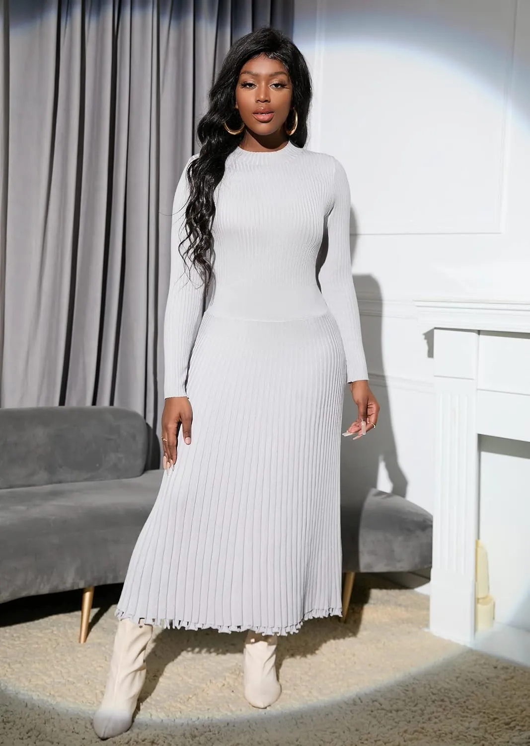 IWFEV Sweater Dress Mid-Calf Pleated Dress Long Sleeve Knit Pullover Bodycon Women's Maxi Dress