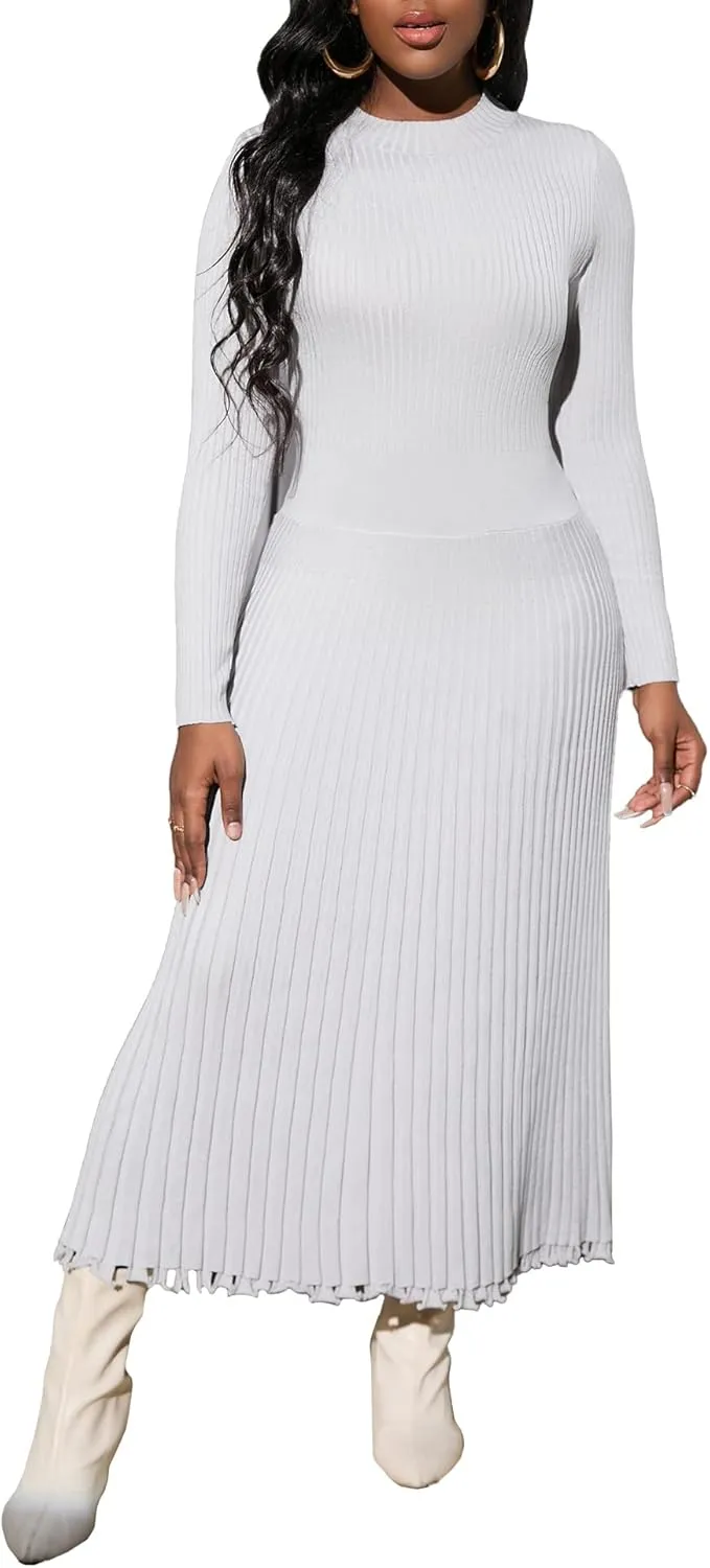 IWFEV Sweater Dress Mid-Calf Pleated Dress Long Sleeve Knit Pullover Bodycon Women's Maxi Dress