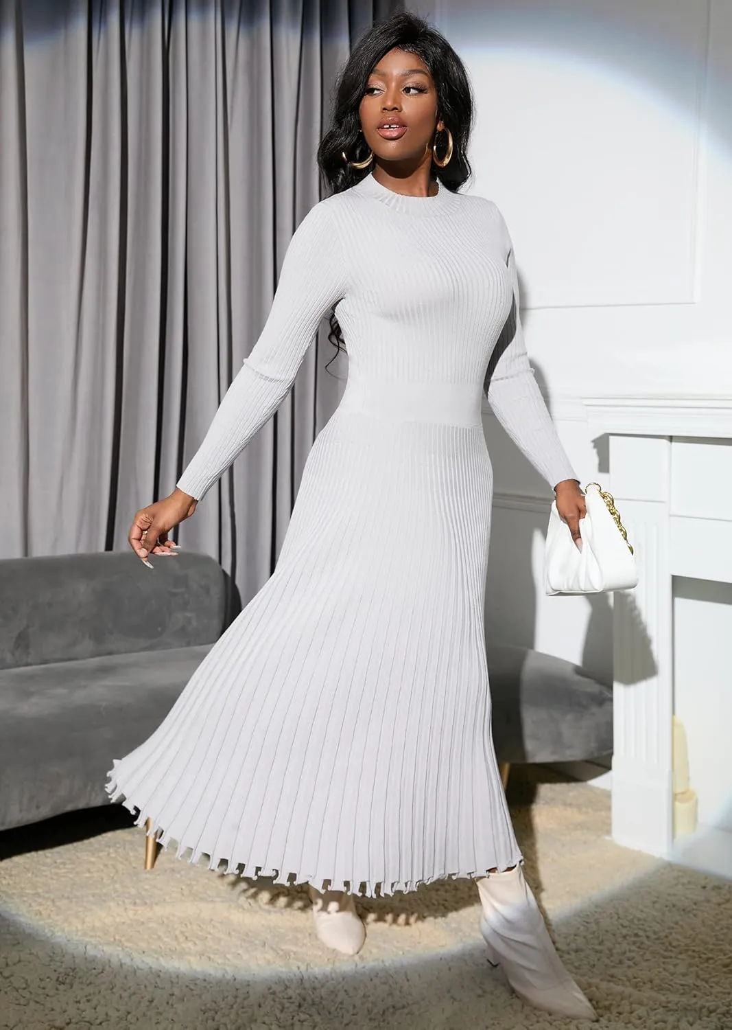 IWFEV Sweater Dress Mid-Calf Pleated Dress Long Sleeve Knit Pullover Bodycon Women's Maxi Dress