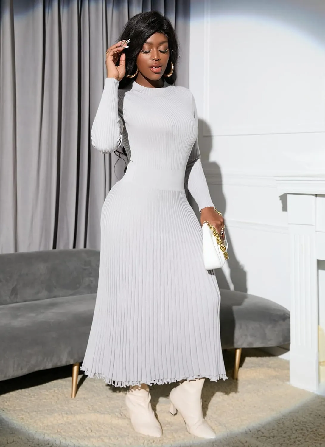 IWFEV Sweater Dress Mid-Calf Pleated Dress Long Sleeve Knit Pullover Bodycon Women's Maxi Dress