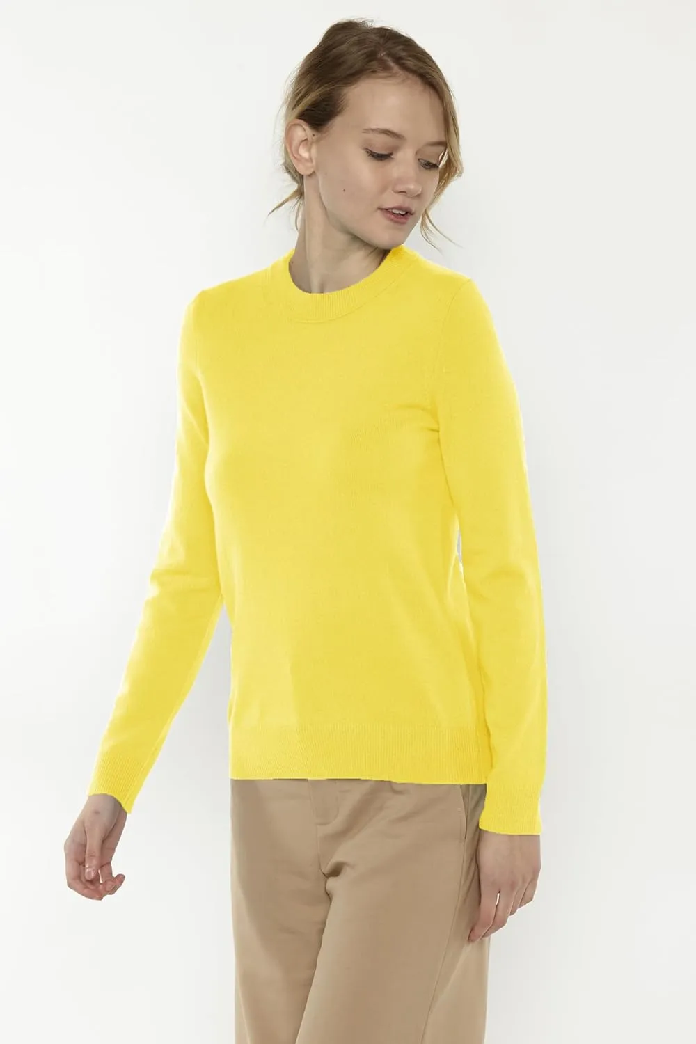 JENNIE LIU Women's 100% Pure Cashmere Long Sleeve Crew Neck Sweater