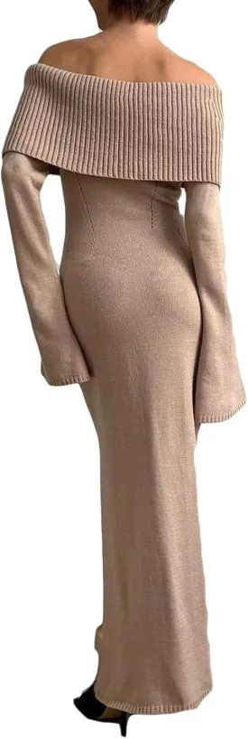 LETSVDO Women's Off The Shoulder Sweater Dress Long Sleeve Bodycon Knit Ribbed Sexy Party Maxi Dresses