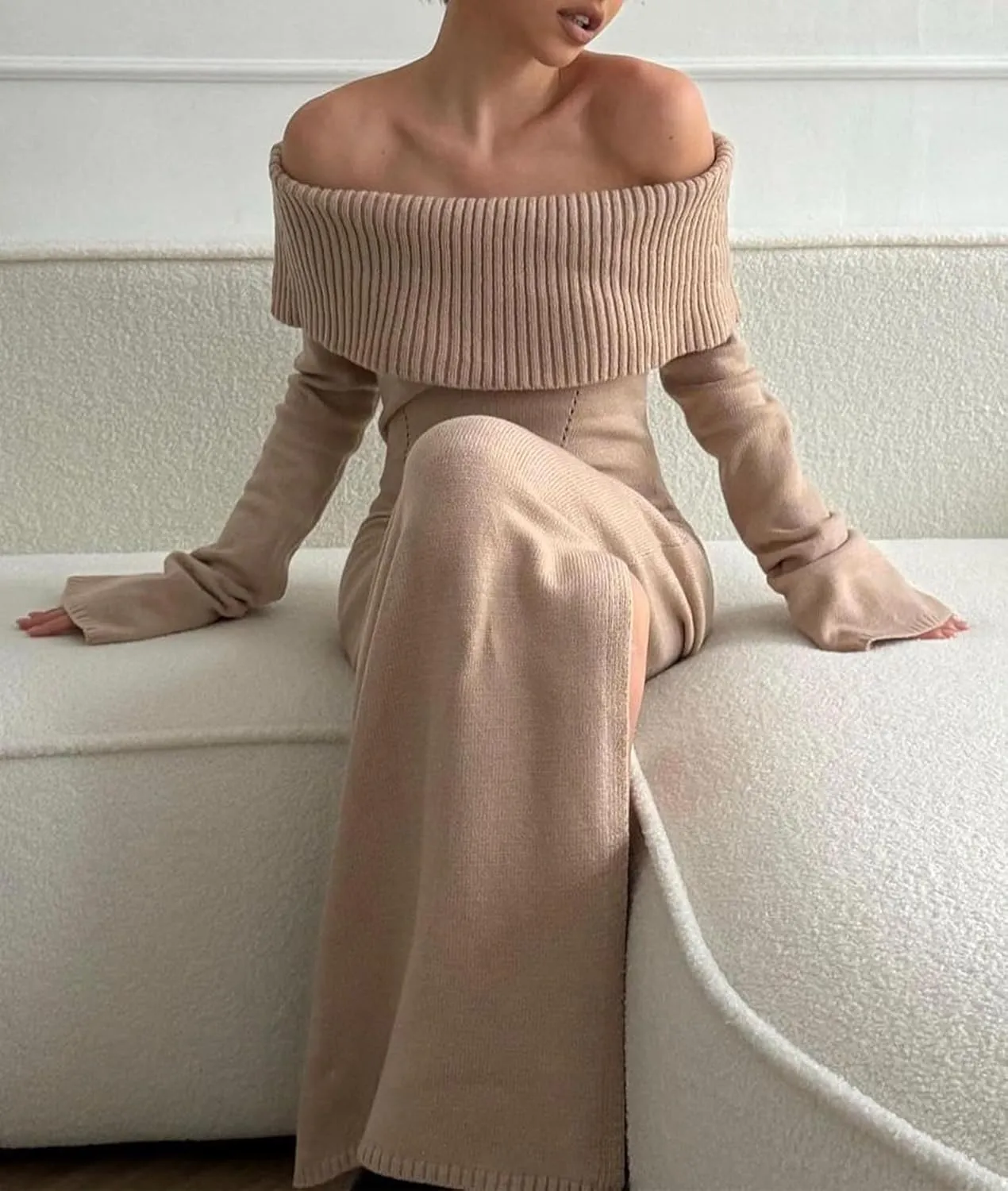 LETSVDO Women's Off The Shoulder Sweater Dress Long Sleeve Bodycon Knit Ribbed Sexy Party Maxi Dresses