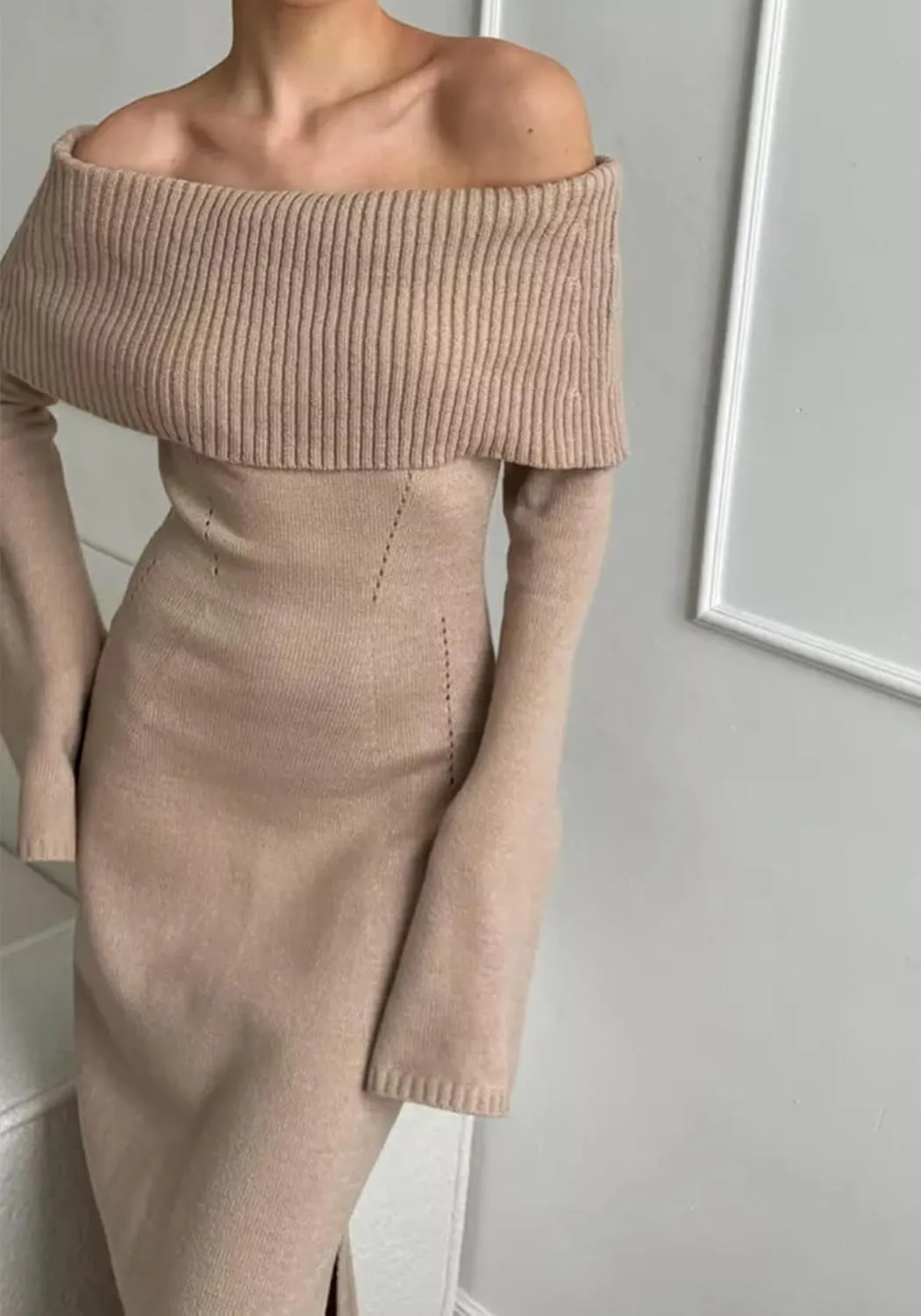 LETSVDO Women's Off The Shoulder Sweater Dress Long Sleeve Bodycon Knit Ribbed Sexy Party Maxi Dresses