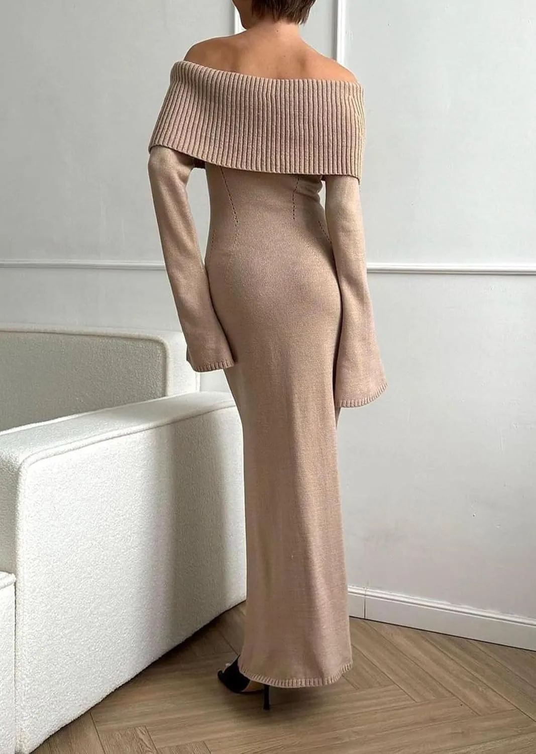 LETSVDO Women's Off The Shoulder Sweater Dress Long Sleeve Bodycon Knit Ribbed Sexy Party Maxi Dresses