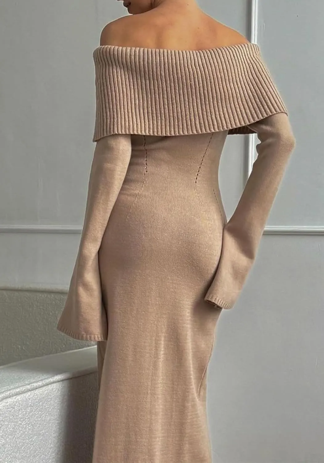 LETSVDO Women's Off The Shoulder Sweater Dress Long Sleeve Bodycon Knit Ribbed Sexy Party Maxi Dresses