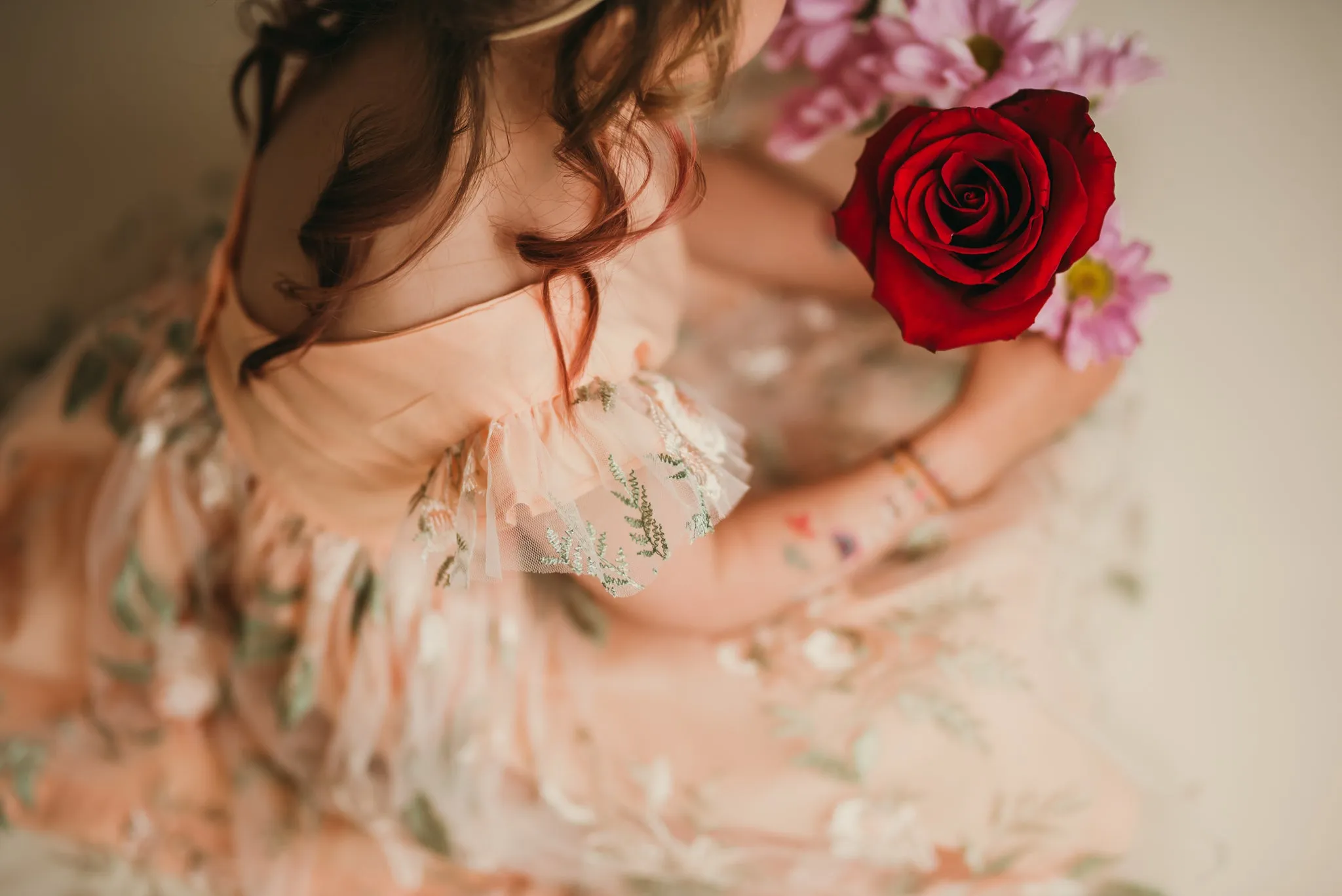 Little Girl's Peach and Green Floral Lace Flutter Sleeve Flower Girl Dress