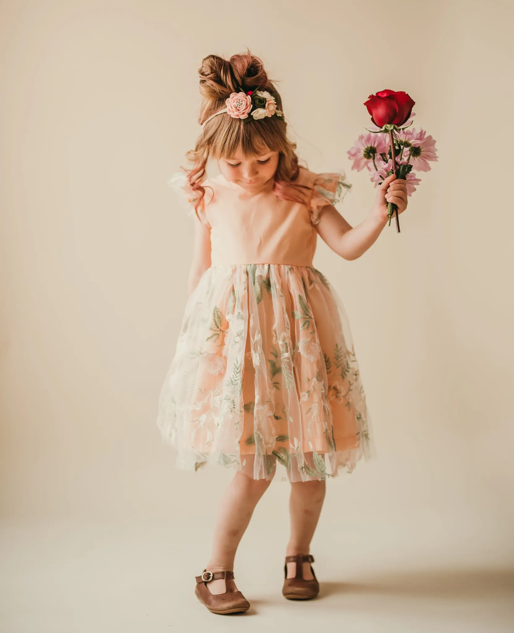 Little Girl's Peach and Green Floral Lace Flutter Sleeve Flower Girl Dress