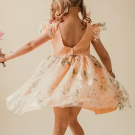 Little Girl's Peach and Green Floral Lace Flutter Sleeve Flower Girl Dress