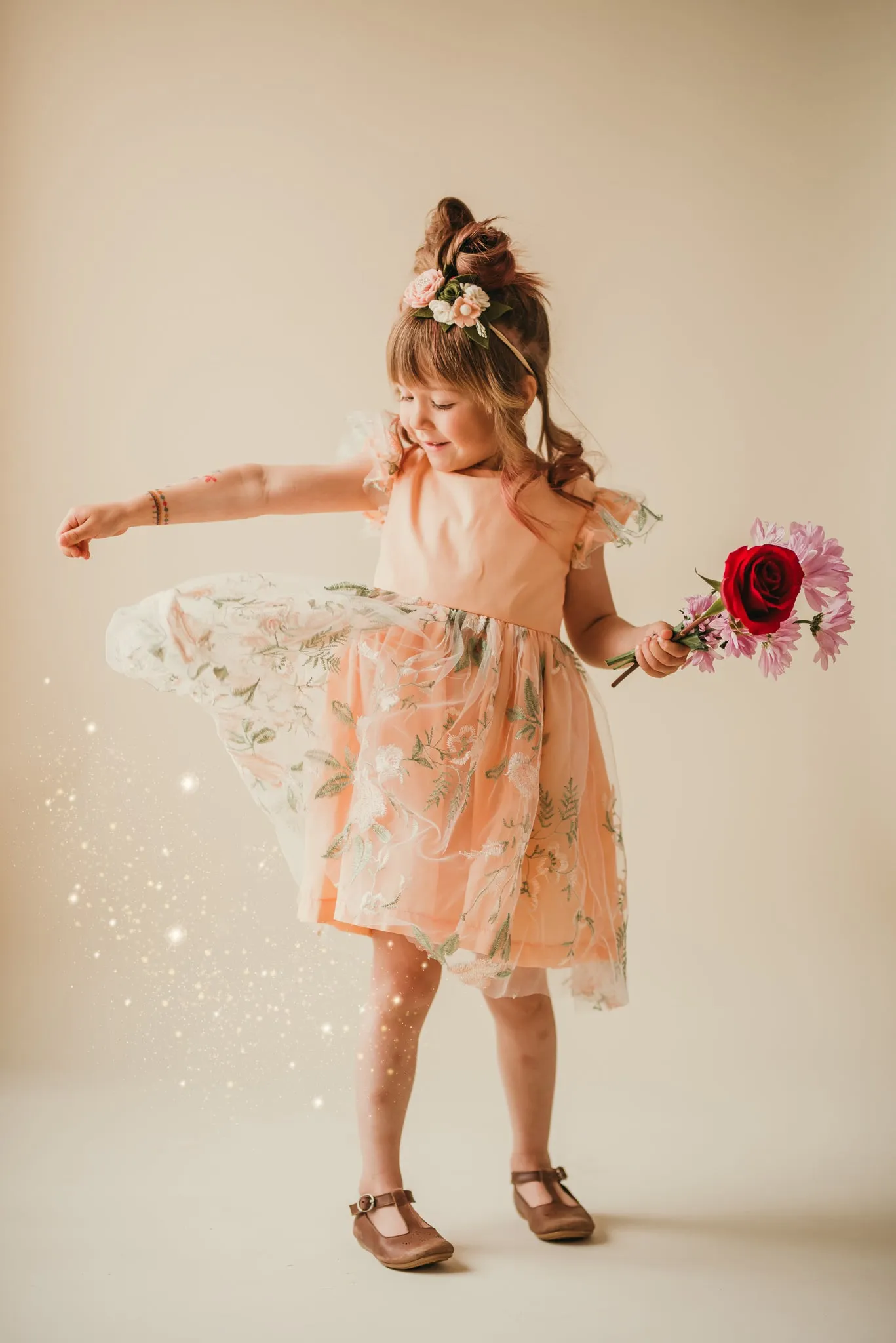 Little Girl's Peach and Green Floral Lace Flutter Sleeve Flower Girl Dress