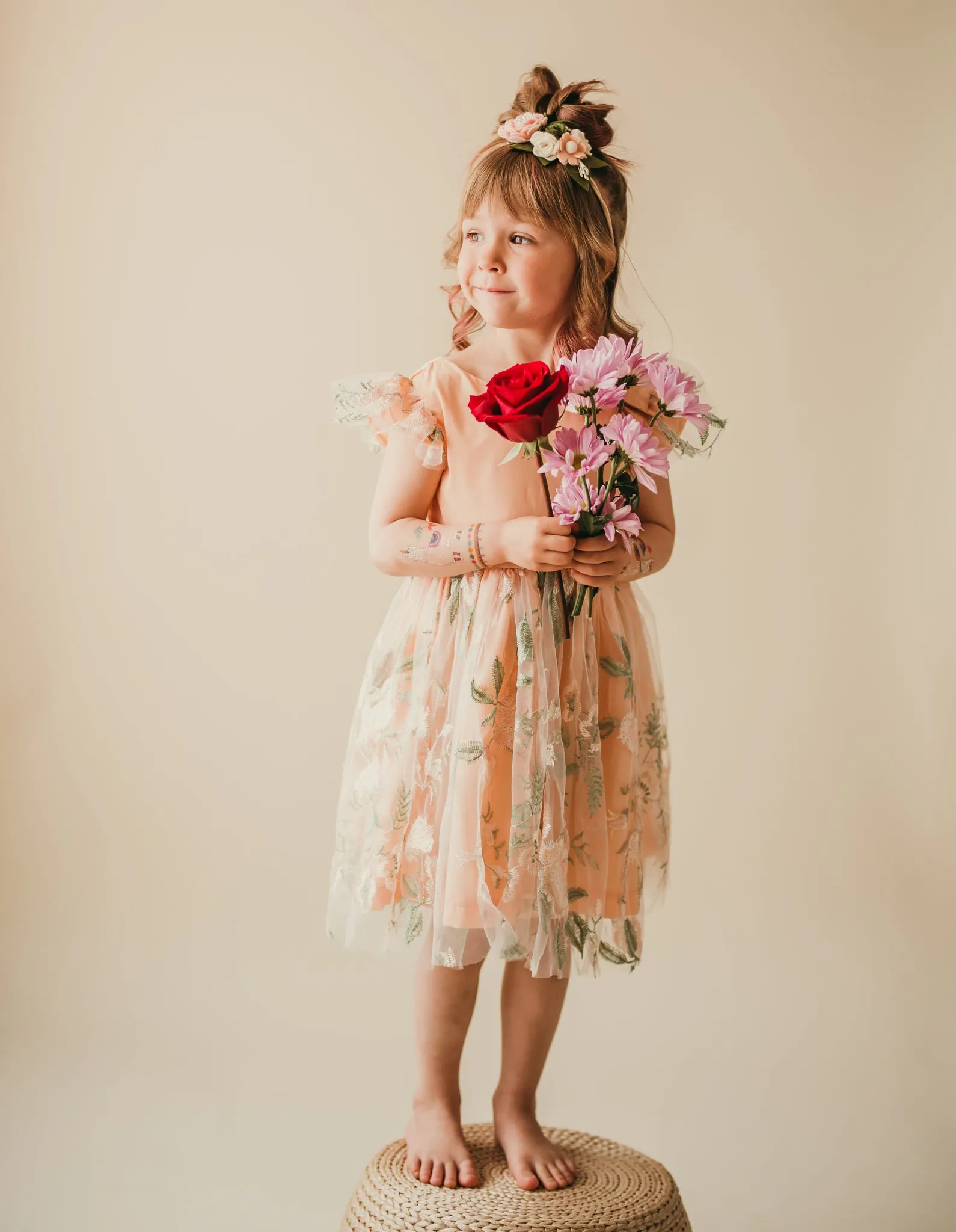 Little Girl's Peach and Green Floral Lace Flutter Sleeve Flower Girl Dress