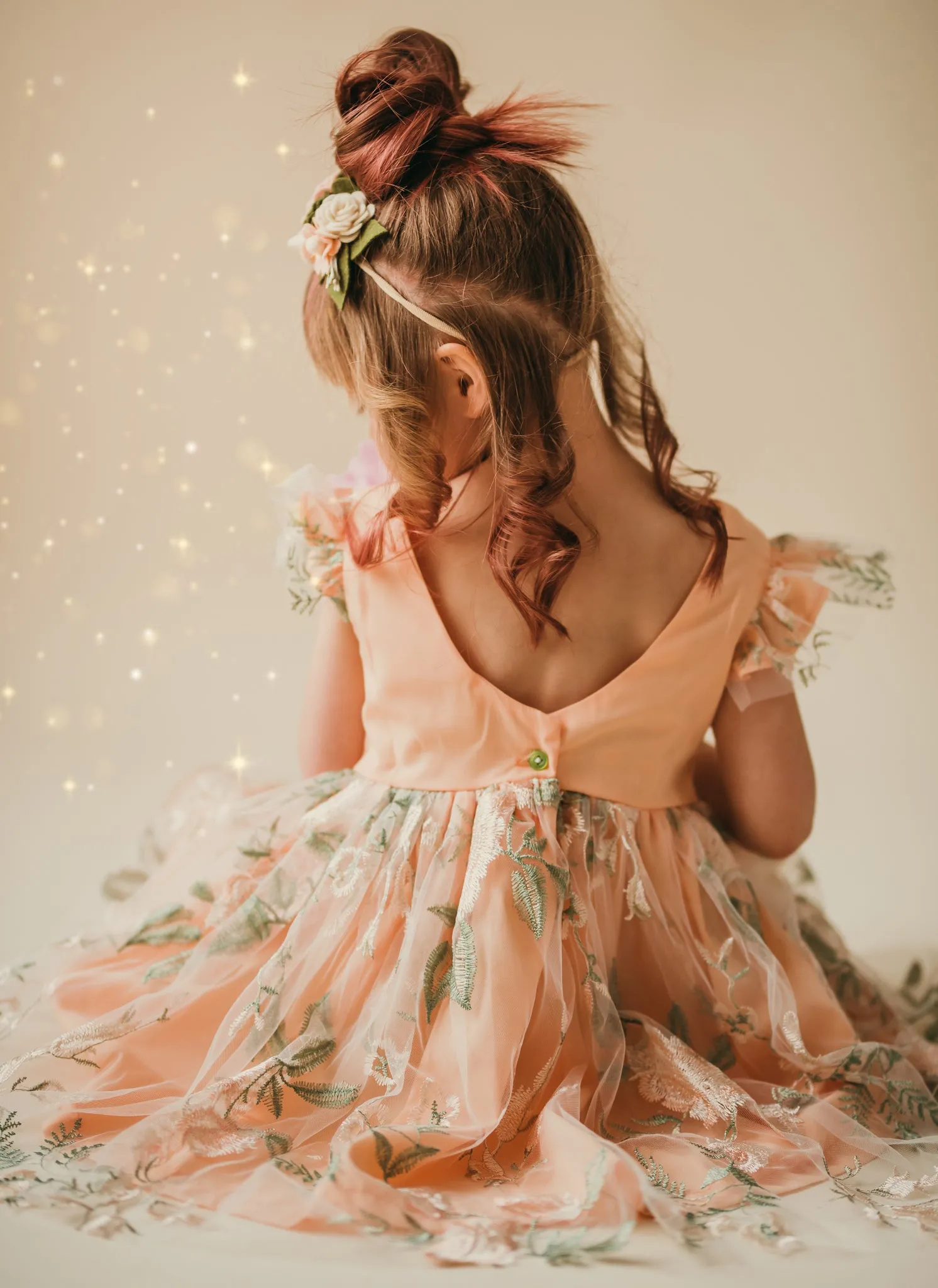 Little Girl's Peach and Green Floral Lace Flutter Sleeve Flower Girl Dress