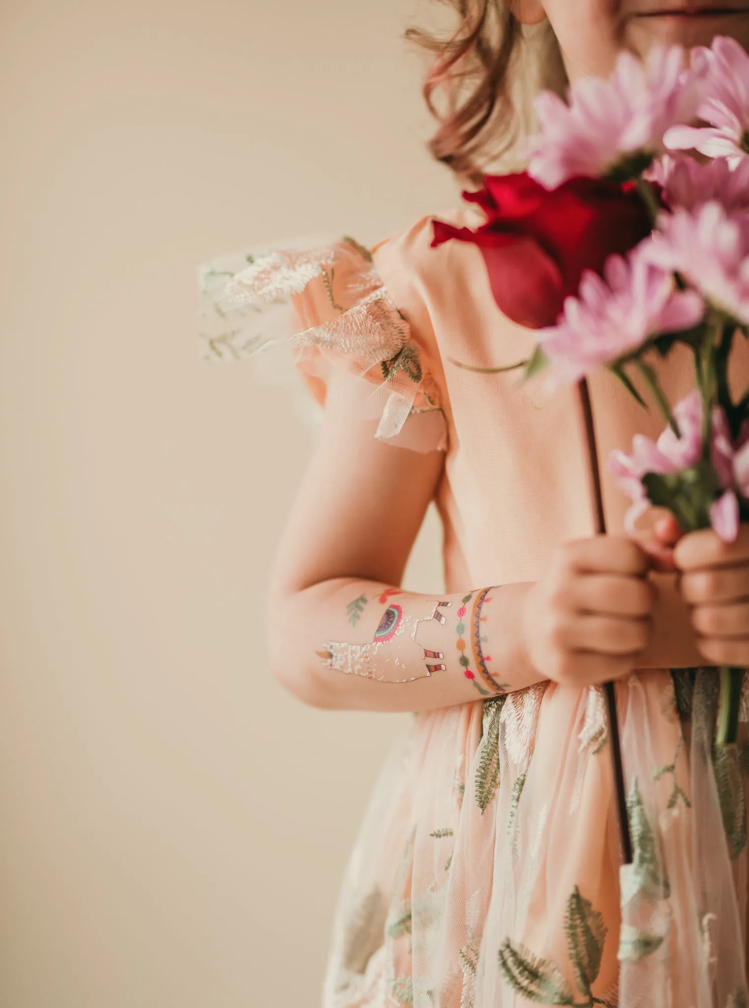 Little Girl's Peach and Green Floral Lace Flutter Sleeve Flower Girl Dress