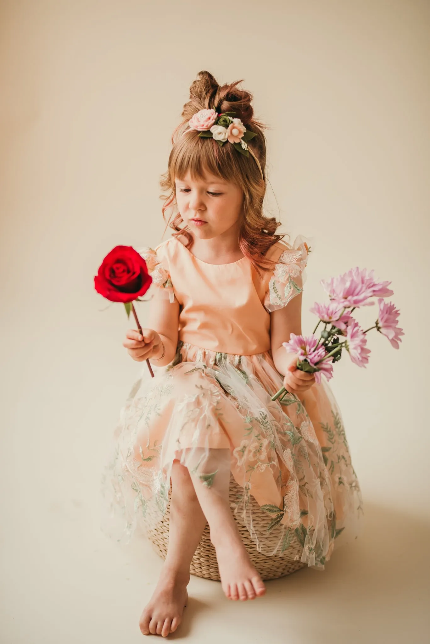 Little Girl's Peach and Green Floral Lace Flutter Sleeve Flower Girl Dress