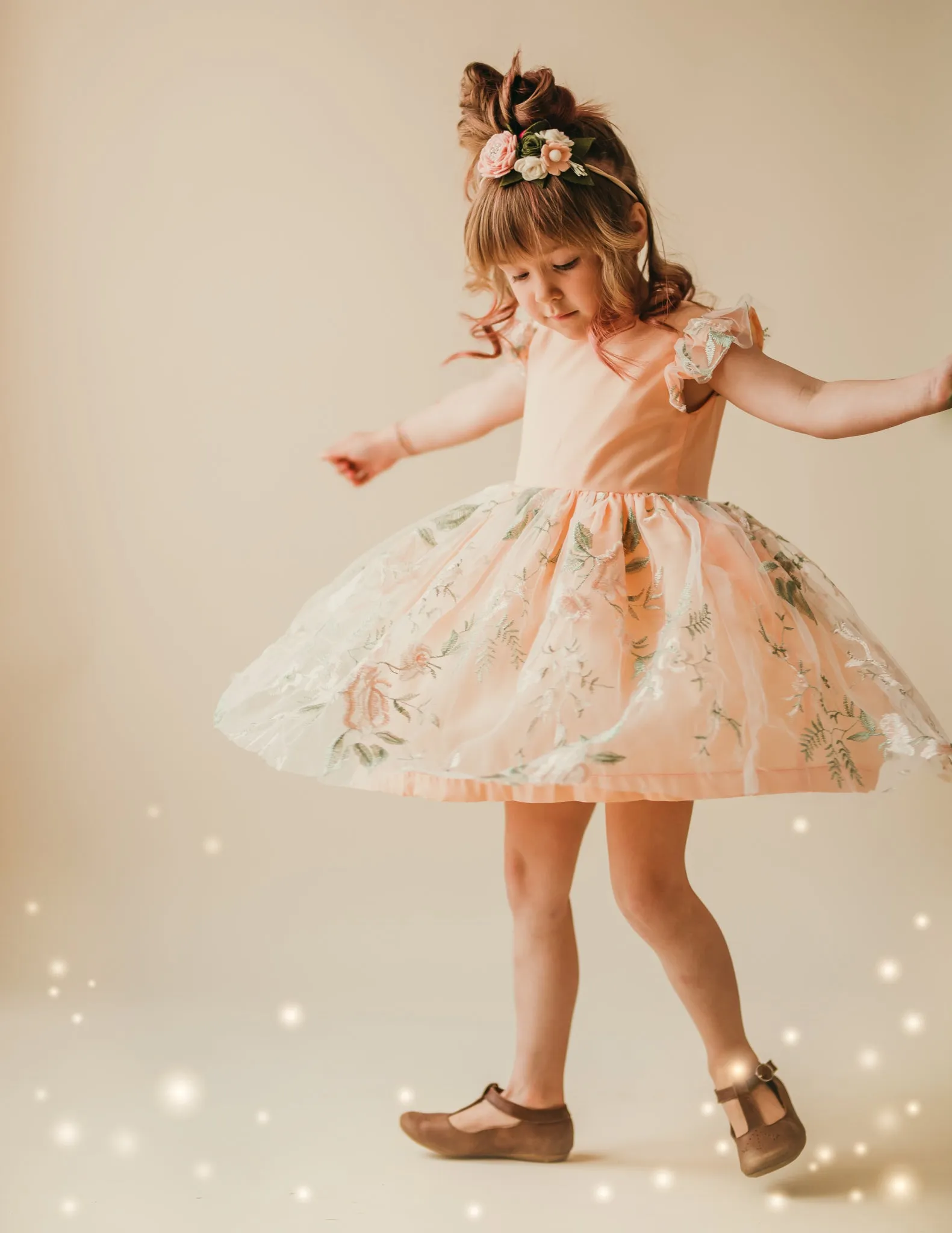 Little Girl's Peach and Green Floral Lace Flutter Sleeve Flower Girl Dress