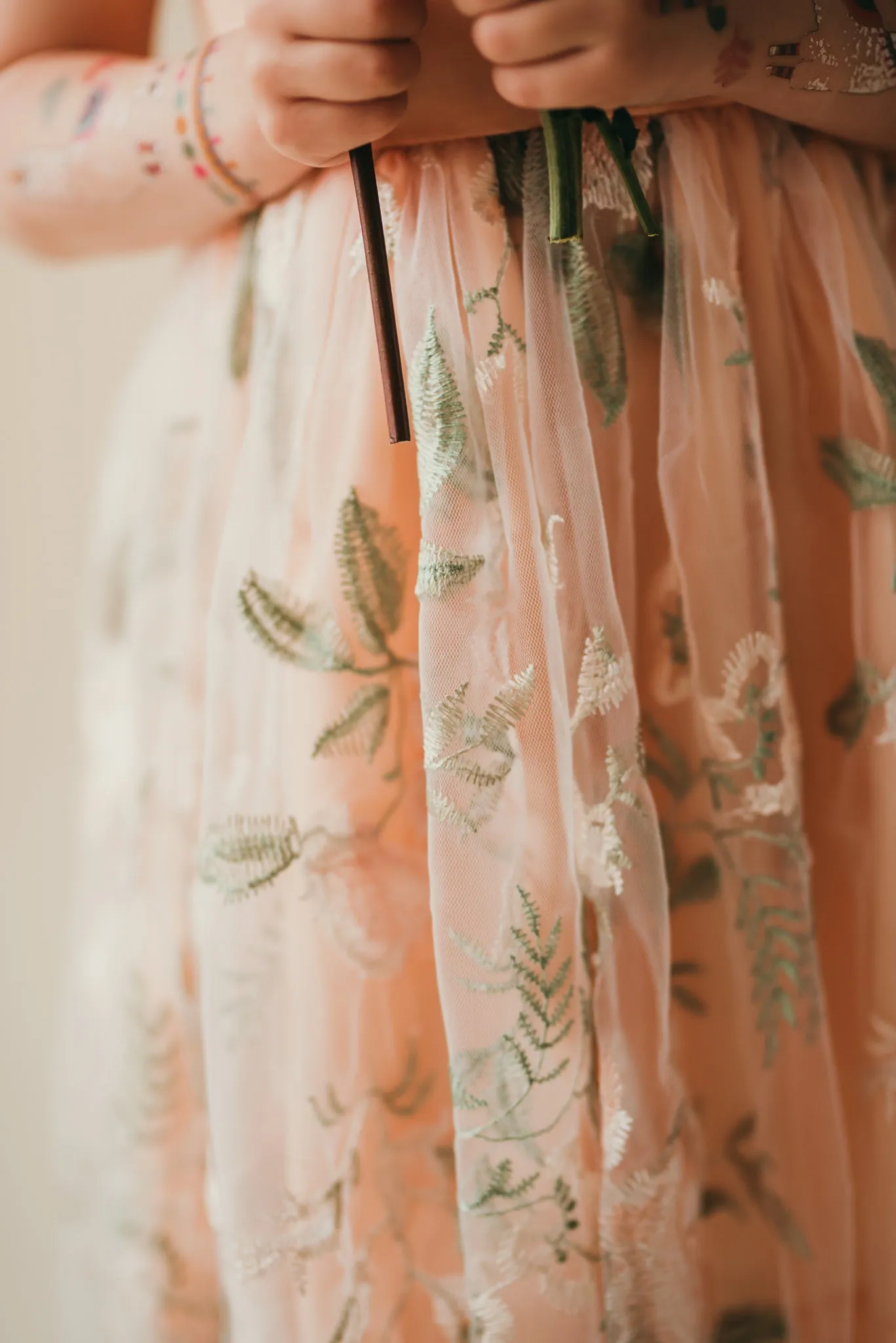 Little Girl's Peach and Green Floral Lace Flutter Sleeve Flower Girl Dress