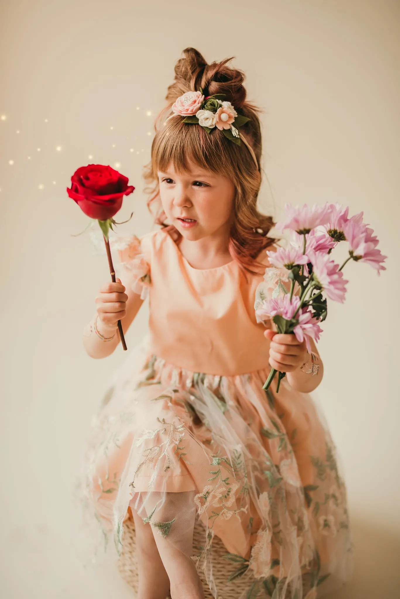 Little Girl's Peach and Green Floral Lace Flutter Sleeve Flower Girl Dress