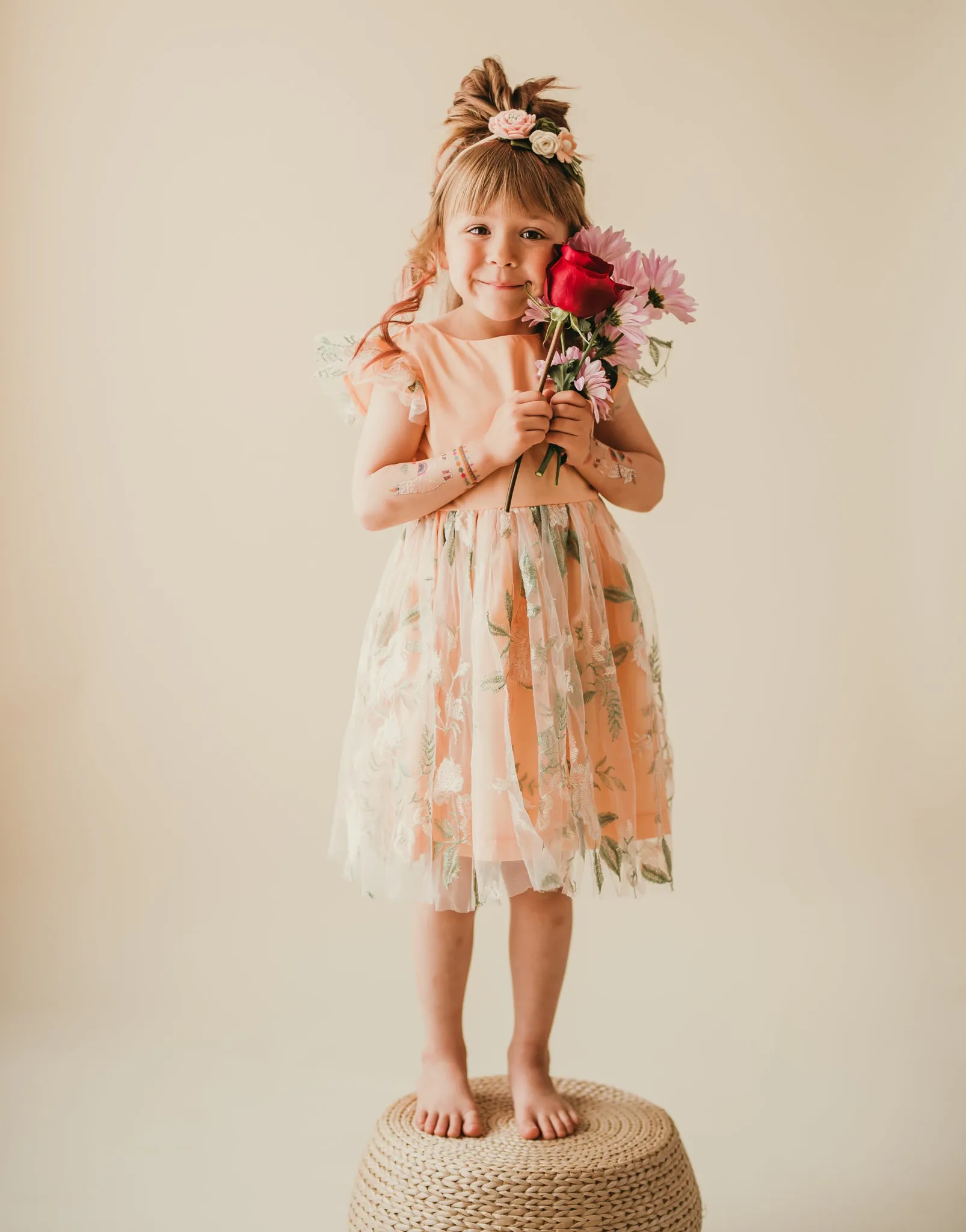 Little Girl's Peach and Green Floral Lace Flutter Sleeve Flower Girl Dress