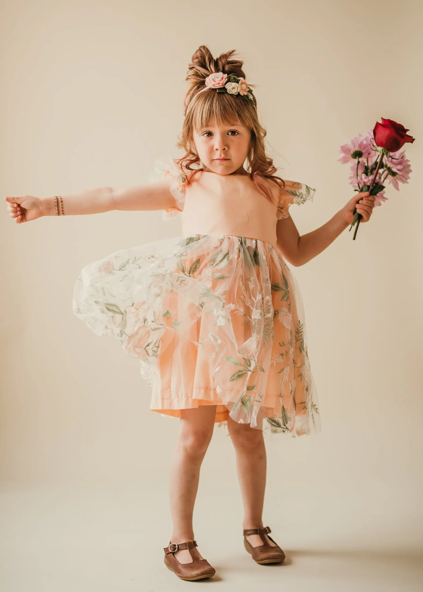 Little Girl's Peach and Green Floral Lace Flutter Sleeve Flower Girl Dress