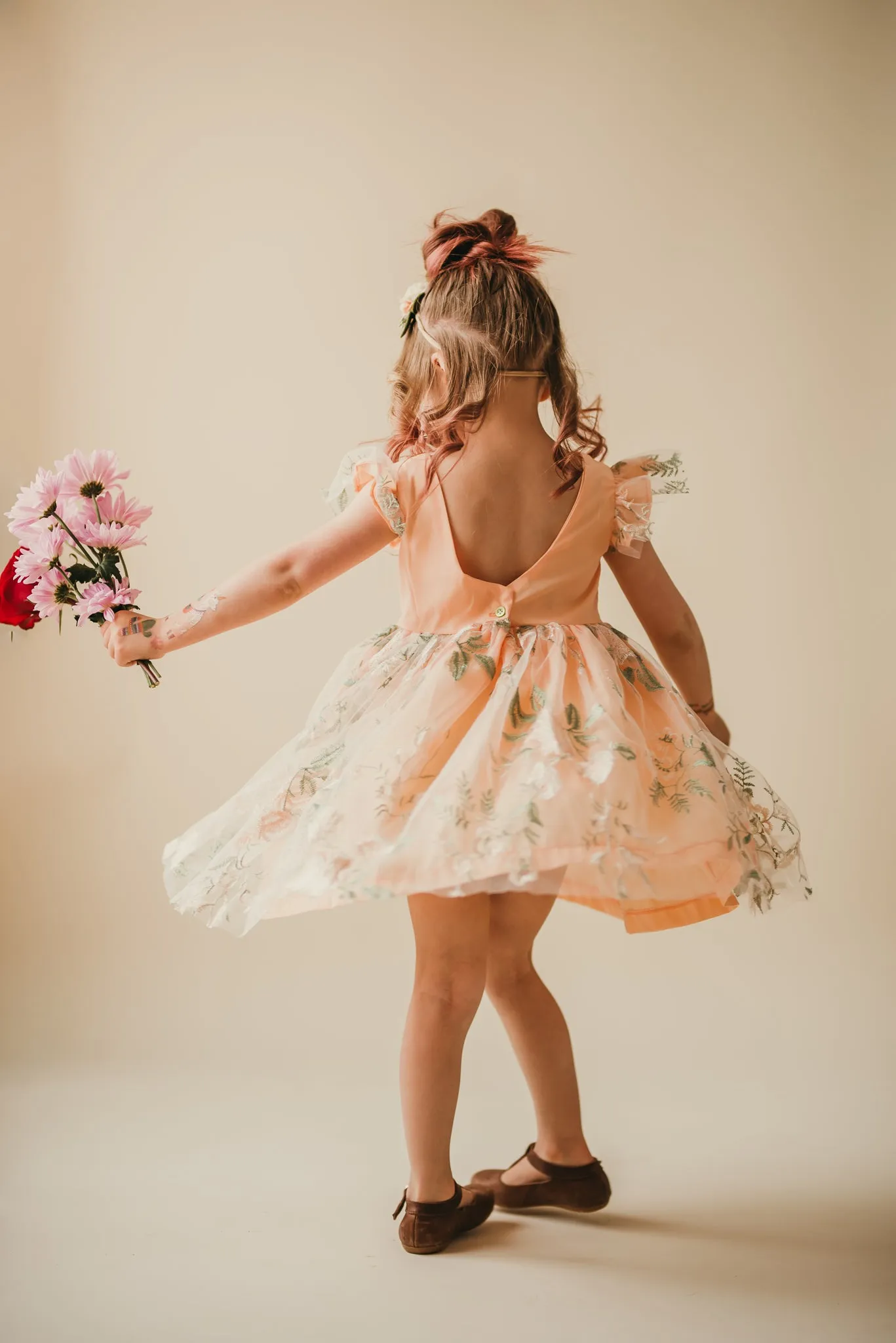 Little Girl's Peach and Green Floral Lace Flutter Sleeve Flower Girl Dress