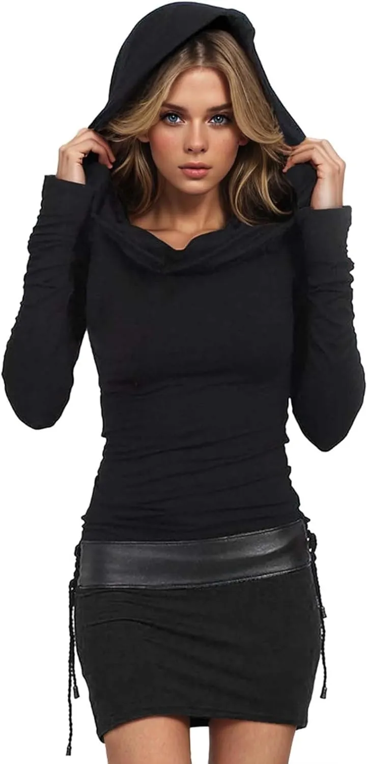 Long Sleeve Bodycon Dress for Women Steampunk Hoodie Sweatshirt Dresses Vintage Gothic Party Hooded Wrap Mini Dress