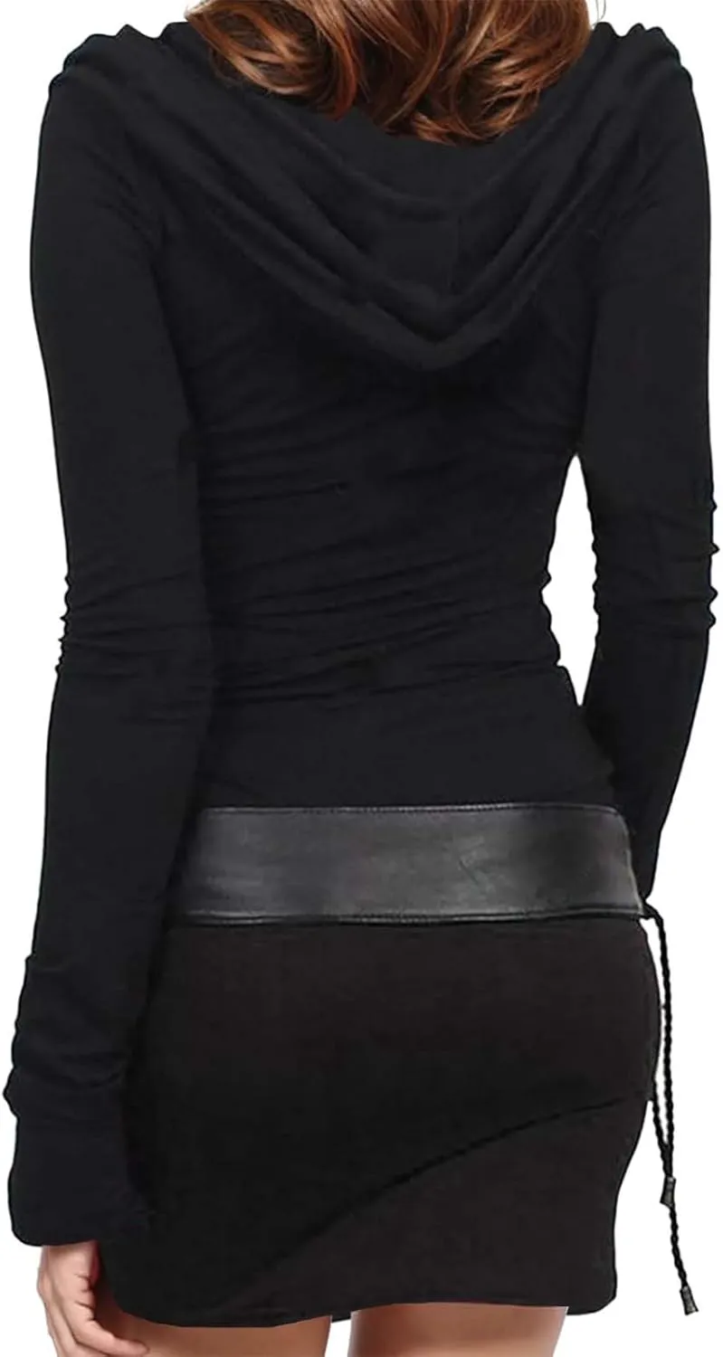 Long Sleeve Bodycon Dress for Women Steampunk Hoodie Sweatshirt Dresses Vintage Gothic Party Hooded Wrap Mini Dress
