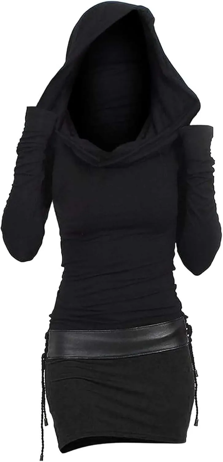 Long Sleeve Bodycon Dress for Women Steampunk Hoodie Sweatshirt Dresses Vintage Gothic Party Hooded Wrap Mini Dress