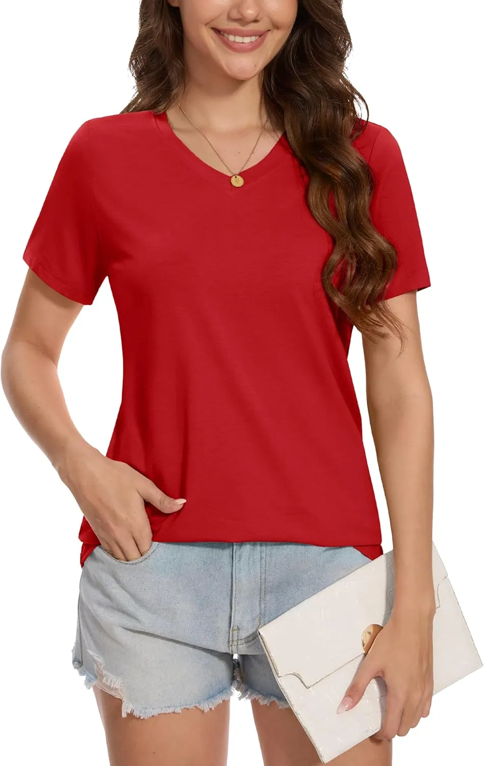 MAGCOMSEN Women's V Neck Tops Summer UPF 50  Short Sleeve Shirts Basic Tees Casual Soft T Shirts 2025 Trendy Clothes