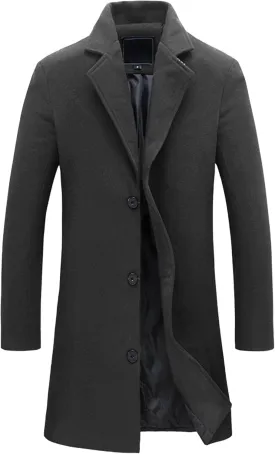 Maiyifu-GJ Mens Slim Fit Long Trench Coat Wool Blend Overcoat Warm Winter Single Breasted Coat Mid-Length Outerwear