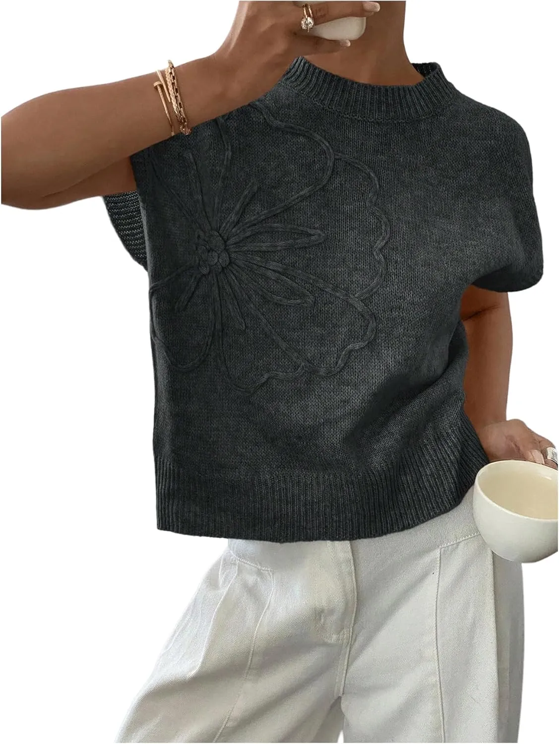 MakeMeChic Women's Floral Knitted Vest Top Sleeveless Pullover Sweater Vest