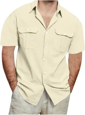 Men's Cotton Linen Shirts Short Sleeve Casual Button Down Blouses Beach Summer Vacation Tops with 2 Pockets Plus Size