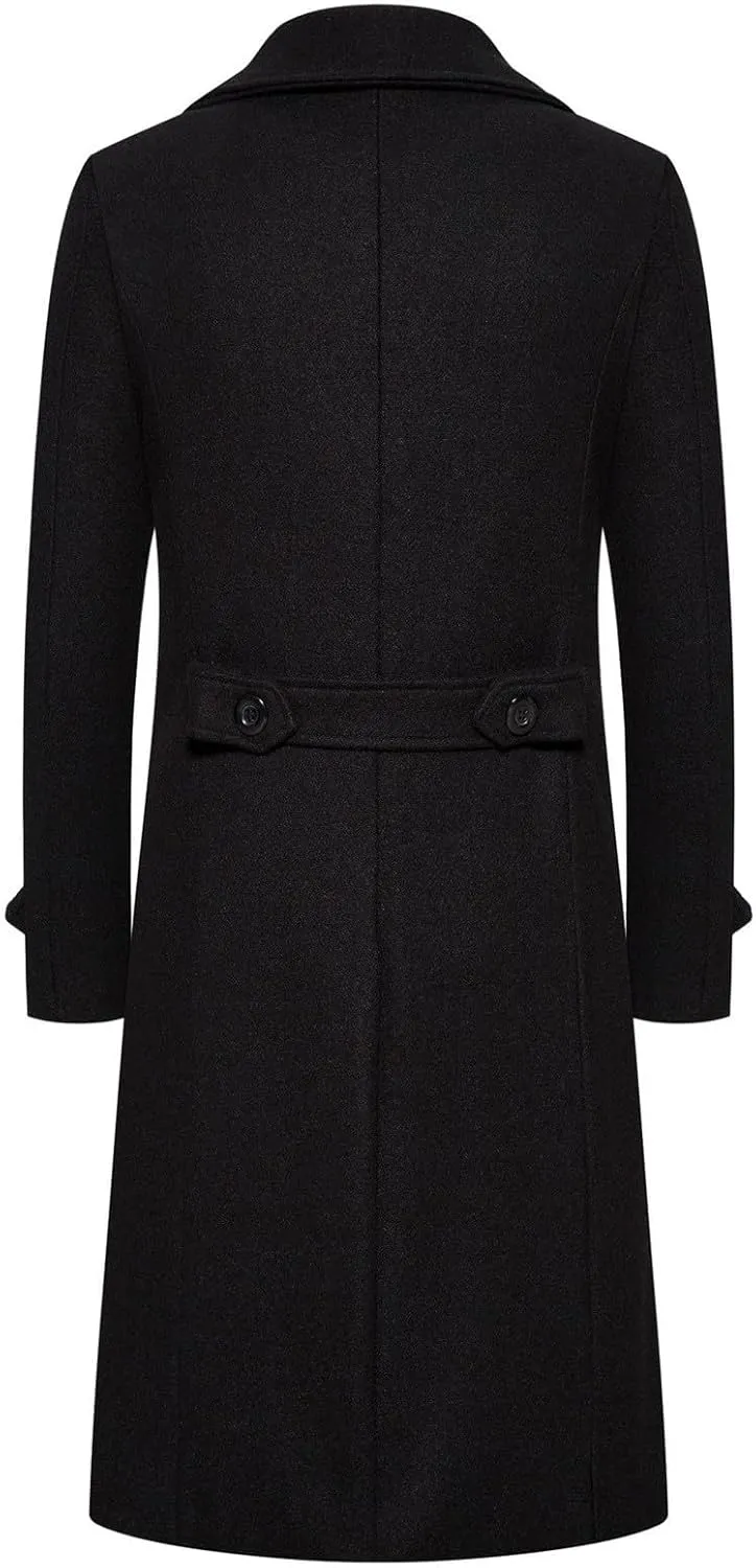 Mens Long Trench Coat Classic Notched Collar Double Breasted Peacoat Slim Fit Wool Blend Fall Winter Casual Overcoat