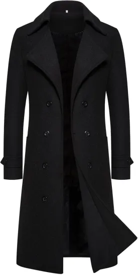 Mens Long Trench Coat Classic Notched Collar Double Breasted Peacoat Slim Fit Wool Blend Fall Winter Casual Overcoat