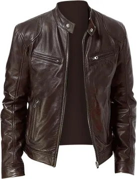 Mens Vintage Leather Casual Jackets Full Zipper Stand Collar Flight Faux Leather Coats Motorcycle Biker Outerwear