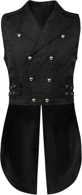 Mens Vintage Tailcoat Waistcoat Goth Long Steampunk Formal Double Breasted Jacquard Brocade Vest Sleeveless Tailcoat