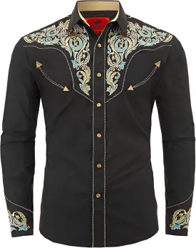 Men's Western Cowboy Shirt Embroidered Long Sleeve Casual Button Down Shirt