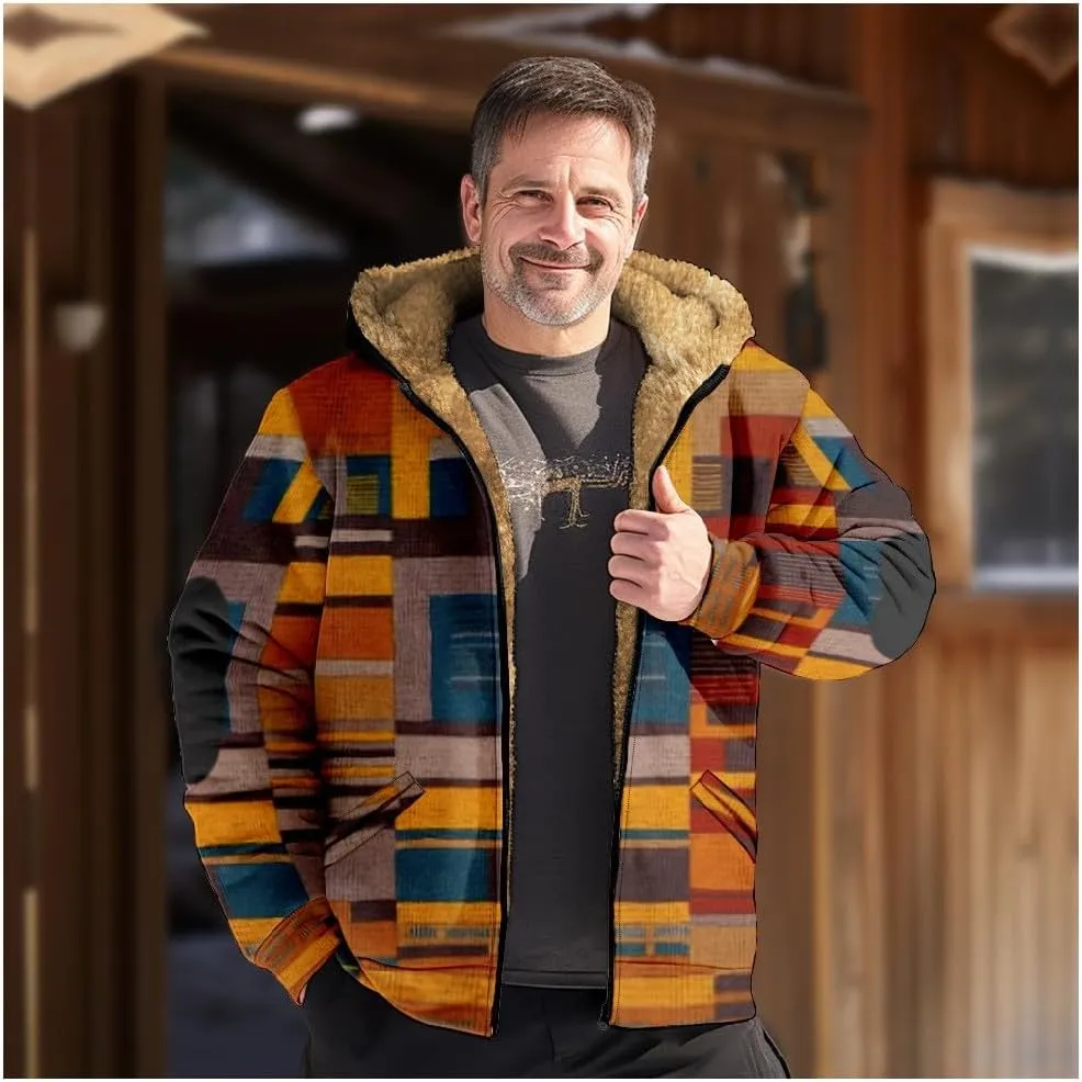 Mens Winter Coat With Hood Fleece Zip Up Coat Thermal Heavy Windbreaker Casual Vintage Oversized Jacket
