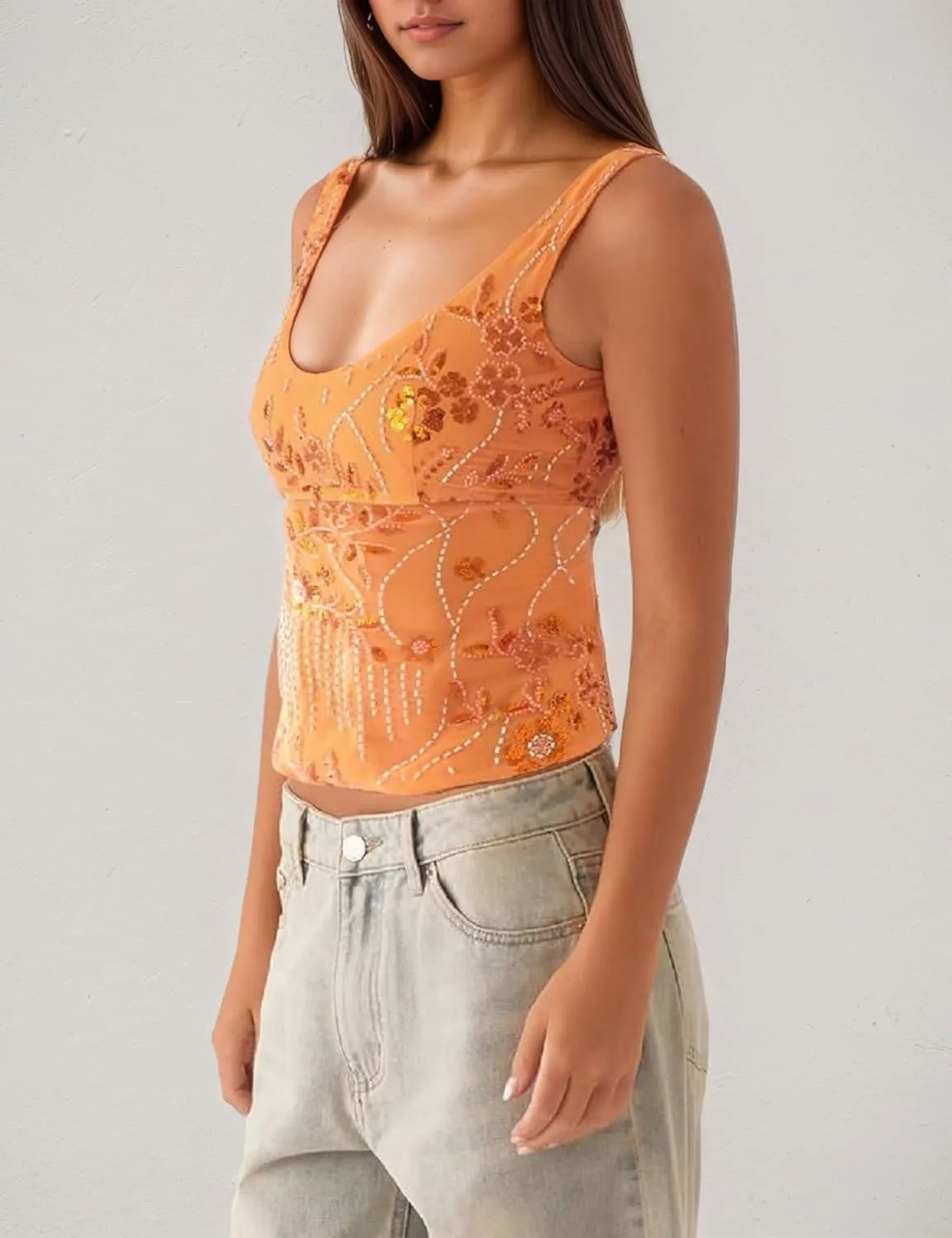 MISSACTIVER Women Y2K Sequin Cami Top Sparkly Beaded Rhinestone Scoop Neck Tank Top Open Back Wide Strap Crop Tops Party