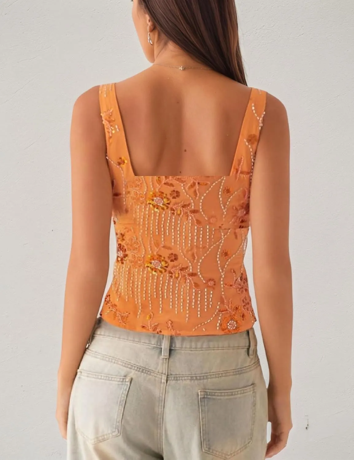 MISSACTIVER Women Y2K Sequin Cami Top Sparkly Beaded Rhinestone Scoop Neck Tank Top Open Back Wide Strap Crop Tops Party
