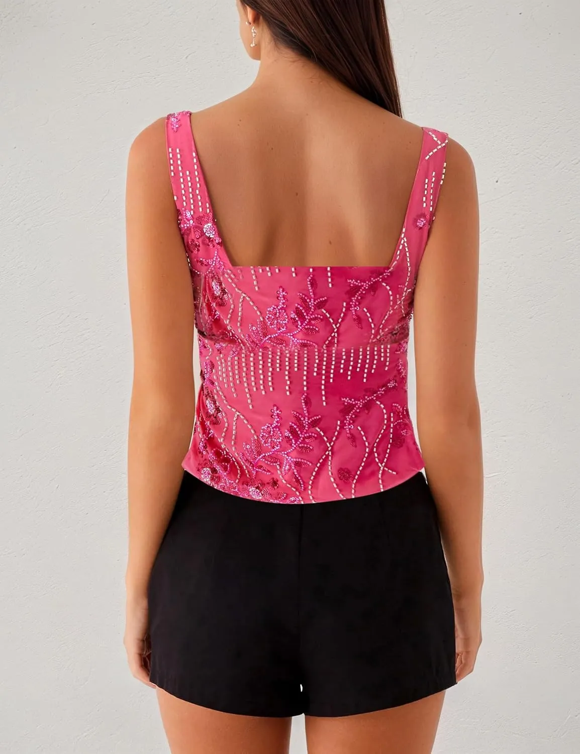 MISSACTIVER Women Y2K Sequin Cami Top Sparkly Beaded Rhinestone Scoop Neck Tank Top Open Back Wide Strap Crop Tops Party