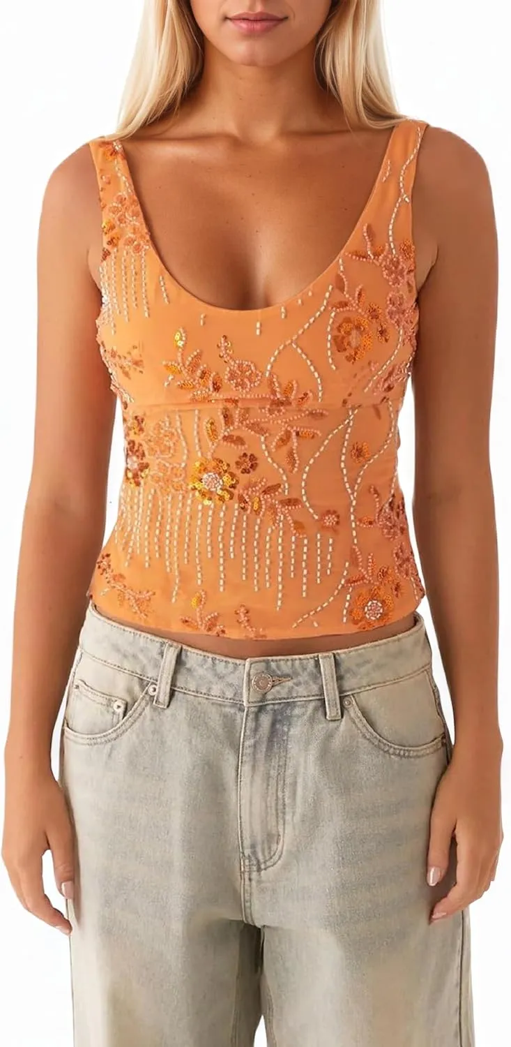 MISSACTIVER Women Y2K Sequin Cami Top Sparkly Beaded Rhinestone Scoop Neck Tank Top Open Back Wide Strap Crop Tops Party