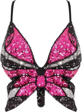 Mocure Womens Glitter Sequin Butterfly Crop Top Low-Cut Tank Top Rave Tube Vest Top for Belly Dance Costume Outfits