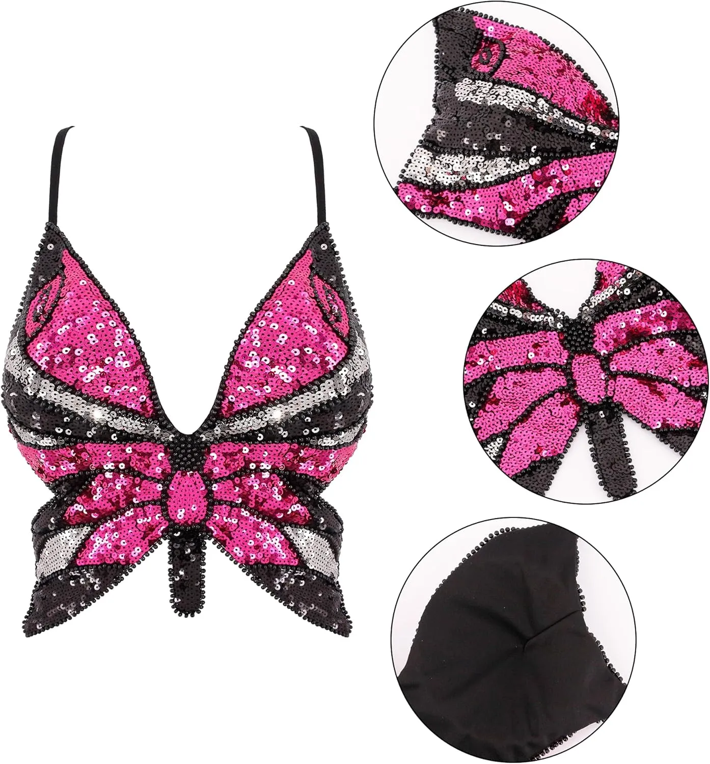 Mocure Womens Glitter Sequin Butterfly Crop Top Low-Cut Tank Top Rave Tube Vest Top for Belly Dance Costume Outfits