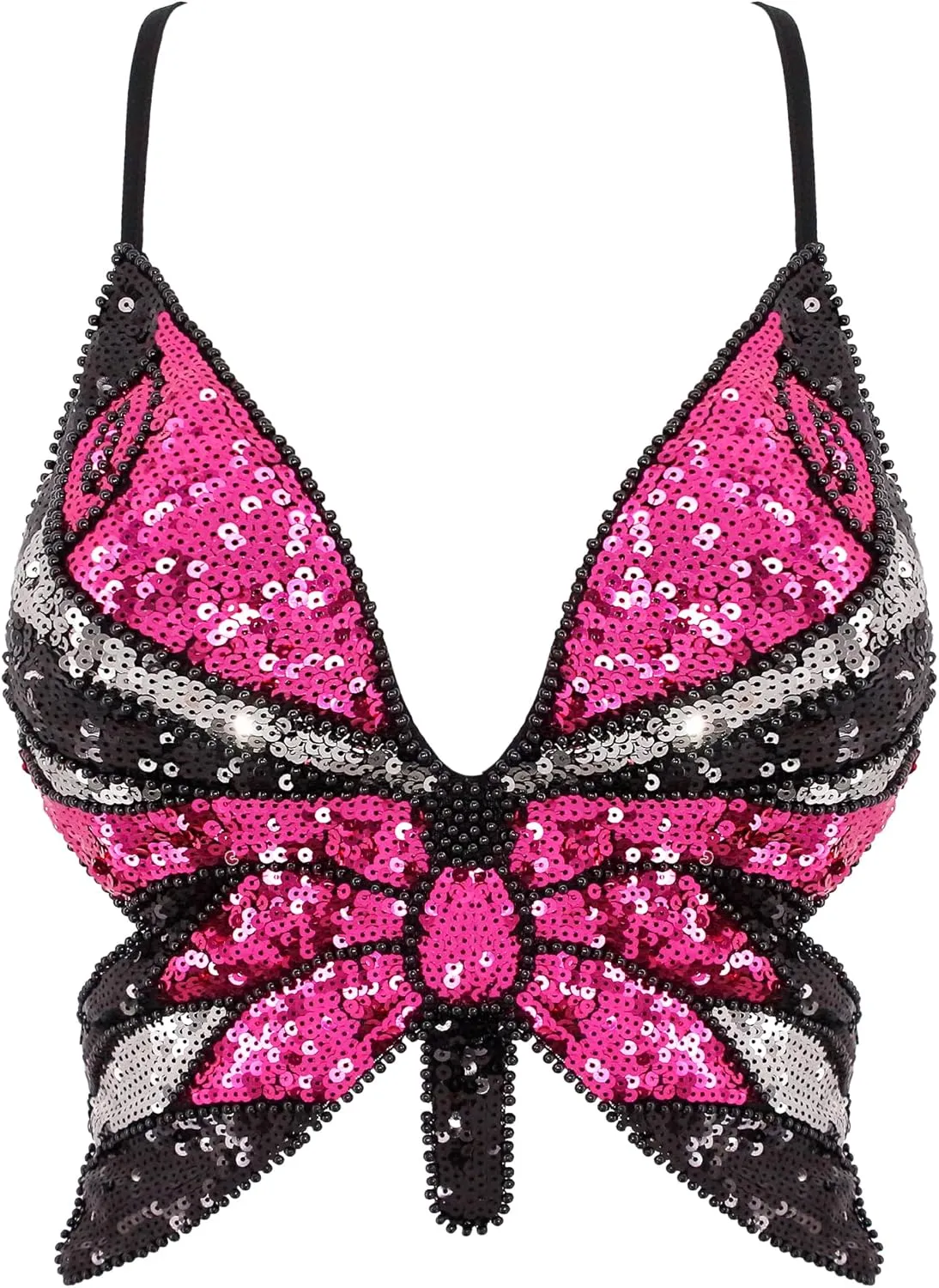 Mocure Womens Glitter Sequin Butterfly Crop Top Low-Cut Tank Top Rave Tube Vest Top for Belly Dance Costume Outfits