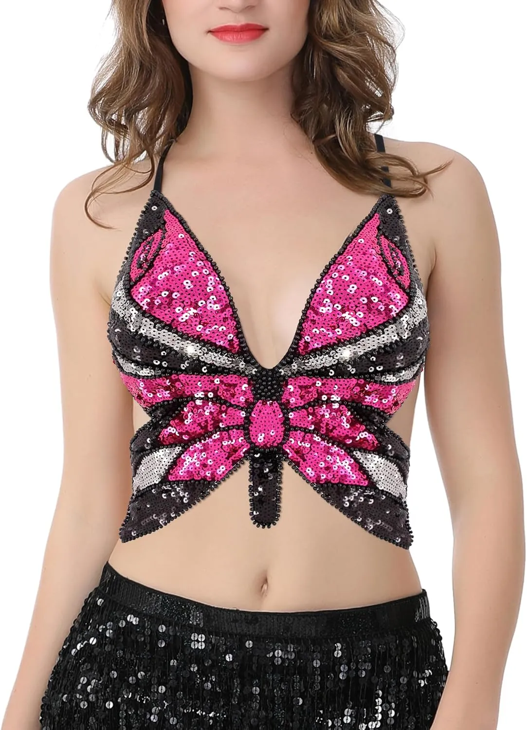 Mocure Womens Glitter Sequin Butterfly Crop Top Low-Cut Tank Top Rave Tube Vest Top for Belly Dance Costume Outfits