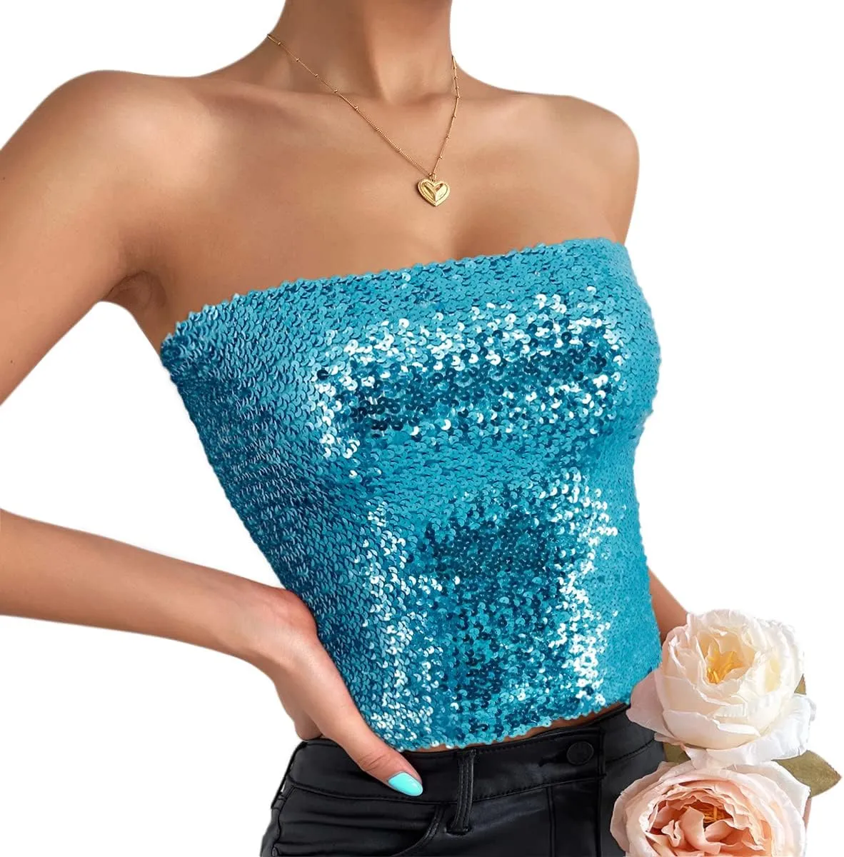 Naimo Women's Sparkly Bling Sequin Tube Top Sexy Stretchy Crop Top Party Costume Clubwear Camisoles
