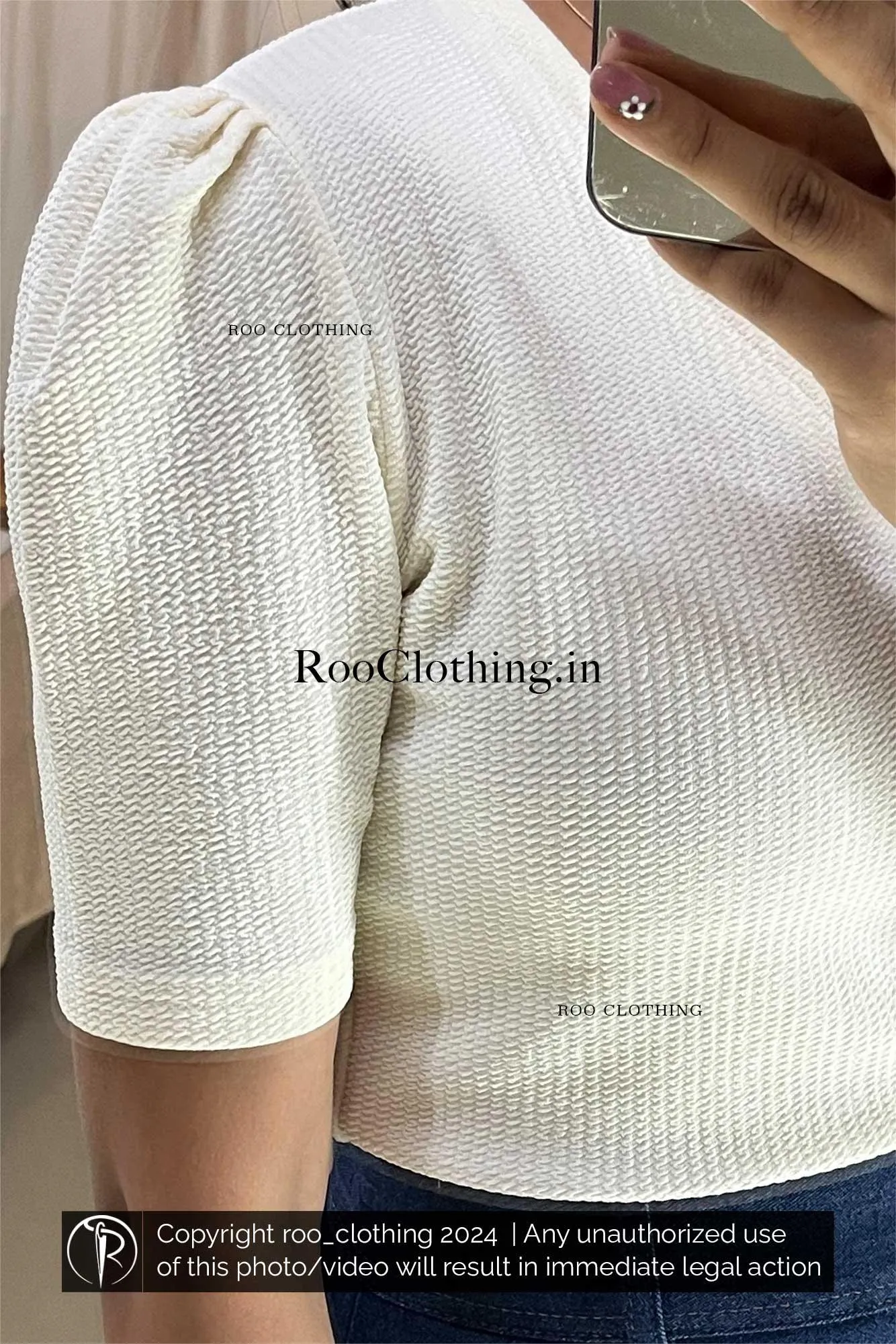 Off-white Shade V Neck Top With Puff Sleeves (Top Only)