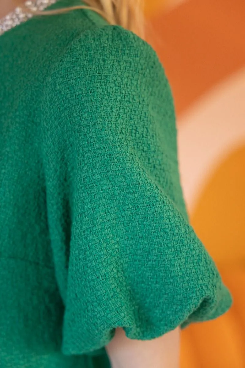 Parker Pearl Detailed Neck Tweed Puff Sleeve VOY Top