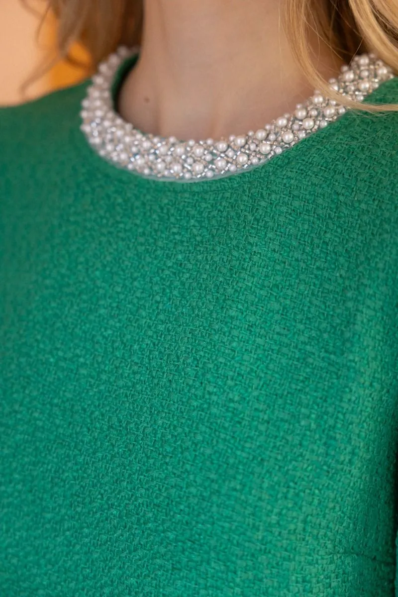 Parker Pearl Detailed Neck Tweed Puff Sleeve VOY Top
